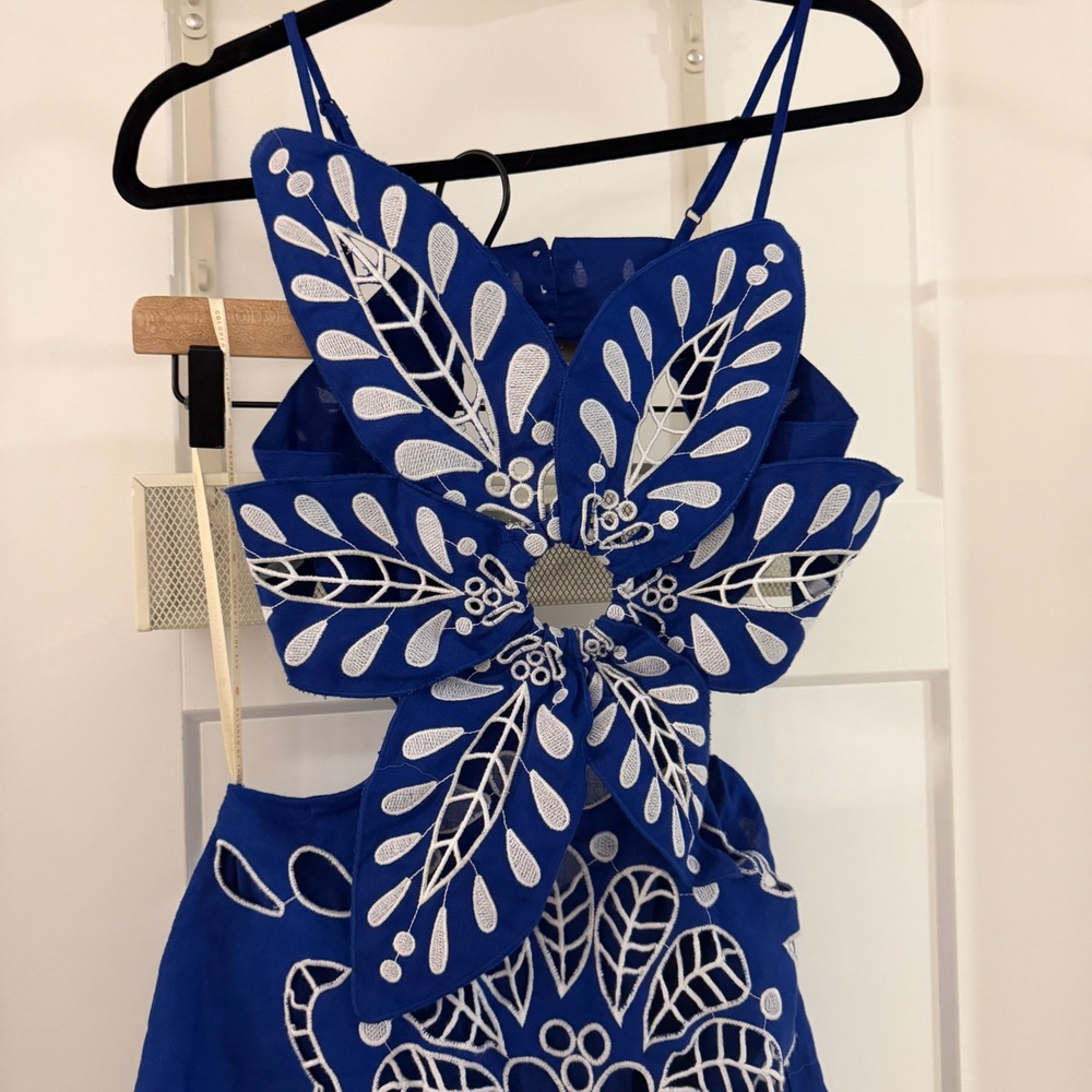 NWT Farm Rio Blue Flower Richelieu Linen Midi Dress Navy Blue XS Boho $398 - Picture 2 of 8